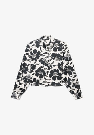 Camicia a maniche lunghe con bottoni, tagliata, con grande motivo floreale bianco e nero e colletto appuntito.
