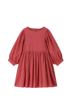 Rode jurk tot op de knie met lange ballonmouwen, geplooide taille en ronde halslijn, gemaakt van lichtgewicht stof.