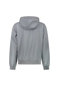 Grå huva jacka med elastiska ärmslut och nederkant, med en slät textur och minimal design. Bakifrån visas enkla linjer och inga utsmyckningar.