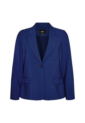 Granatowy, jednorzędowy żakiet na jeden guzik z klapami z wycięciem, długimi rękawami, przednimi kieszeniami z klapami i dopasowanym krojem.