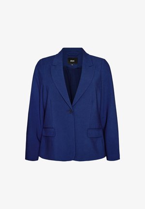 Blazer blu navy a un solo bottone con rever a lancia, maniche lunghe, tasche frontali con patta e vestibilità sartoriale.
