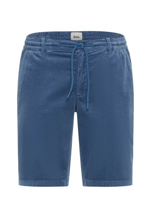 Blaue Cord-Knielange Shorts mit elastischem Bund und vorderer Kordelzug, ausgestattet mit Gürtelschlaufen und einem kleinen Markenlabel innen.