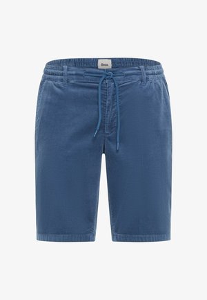 Blaue Cord-Knielange Shorts mit elastischem Bund und vorderer Kordelzug, ausgestattet mit Gürtelschlaufen und einem kleinen Markenlabel innen.