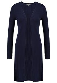 Pitkähihainen laivastonsininen ribbineulottu neuletakki, jossa on V-pääntie ja avoin edessä oleva malli. Kangas näyttää pystysuuntaista rakennetta ja hienoista kiiltoa.