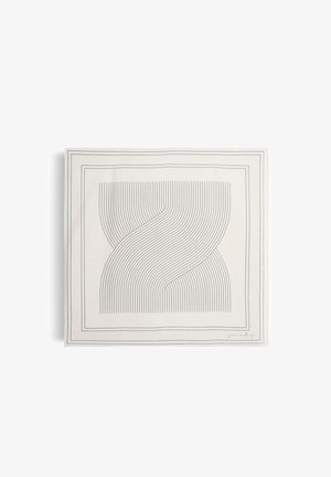 Panno quadrato beige con sottili linee nere curve parallele che formano una forma astratta a clessidra e un bordo a doppia linea.