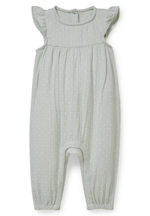 Combinaison bébé vert clair à pois blancs, avec manches courtes à volants, taille froncée et chevilles élastiquées.