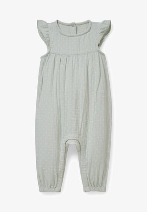 Combinaison bébé vert clair à pois blancs, avec manches courtes à volants, taille froncée et chevilles élastiquées.