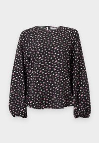 Blusa nera a maniche lunghe con motivo floreale in rosa e bianco, tessuto strutturato, scollo rotondo e orlo arricciato con design a peplo.