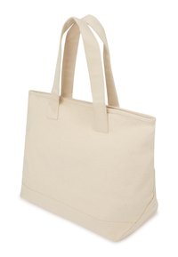 Sac fourre-tout en toile de couleur beige clair, doté de deux poignées et d'une forme rectangulaire structurée avec des coutures renforcées pour une durabilité accrue.
