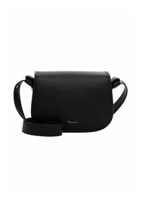 Schwarze Lederhandtasche mit strukturierter Form, strukturiertem Oberflächenmaterial, Klappenverschluss und verstellbarem Tragegurt. Mit goldfarbener Logo-Detaillierung.