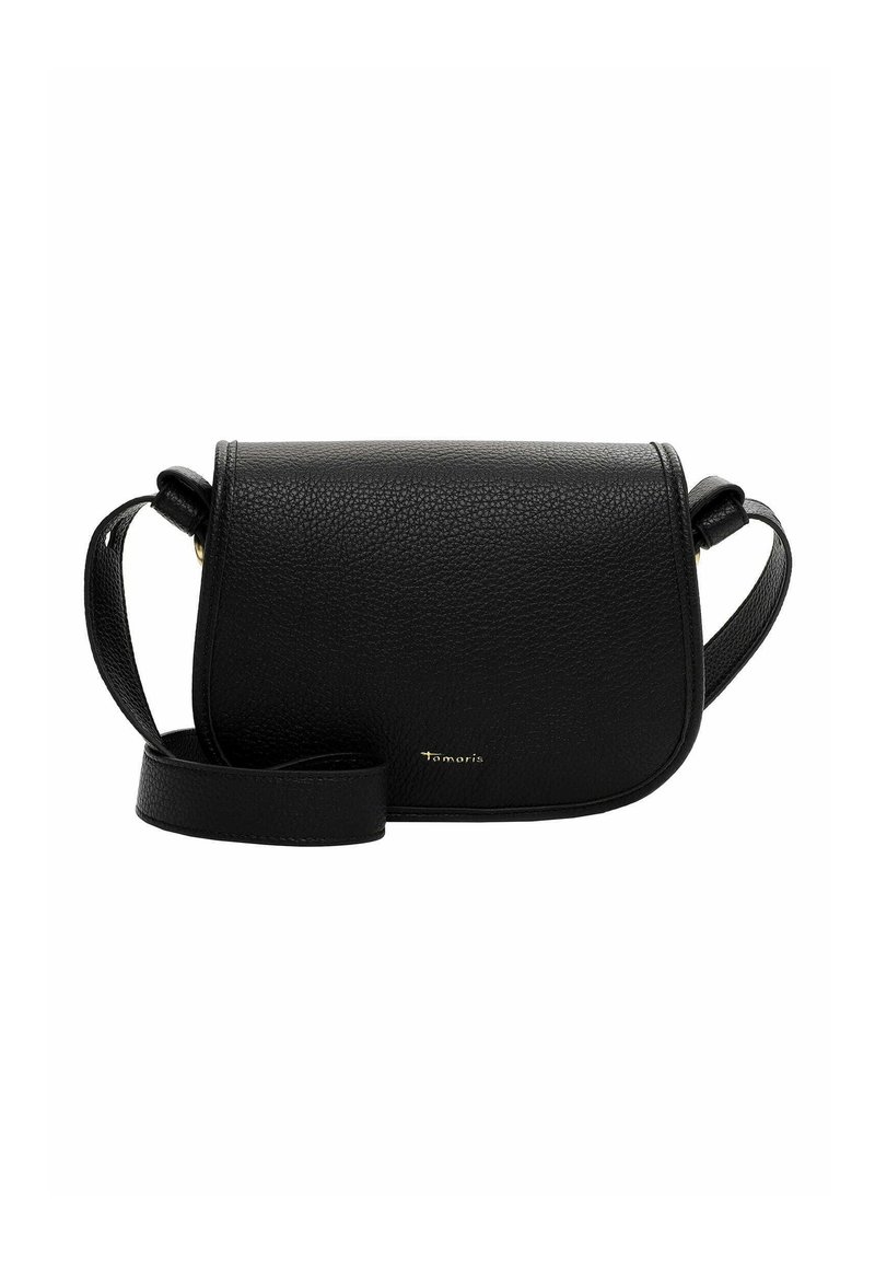 Schwarze Lederhandtasche mit strukturierter Form, strukturiertem Oberflächenmaterial, Klappenverschluss und verstellbarem Tragegurt. Mit goldfarbener Logo-Detaillierung.