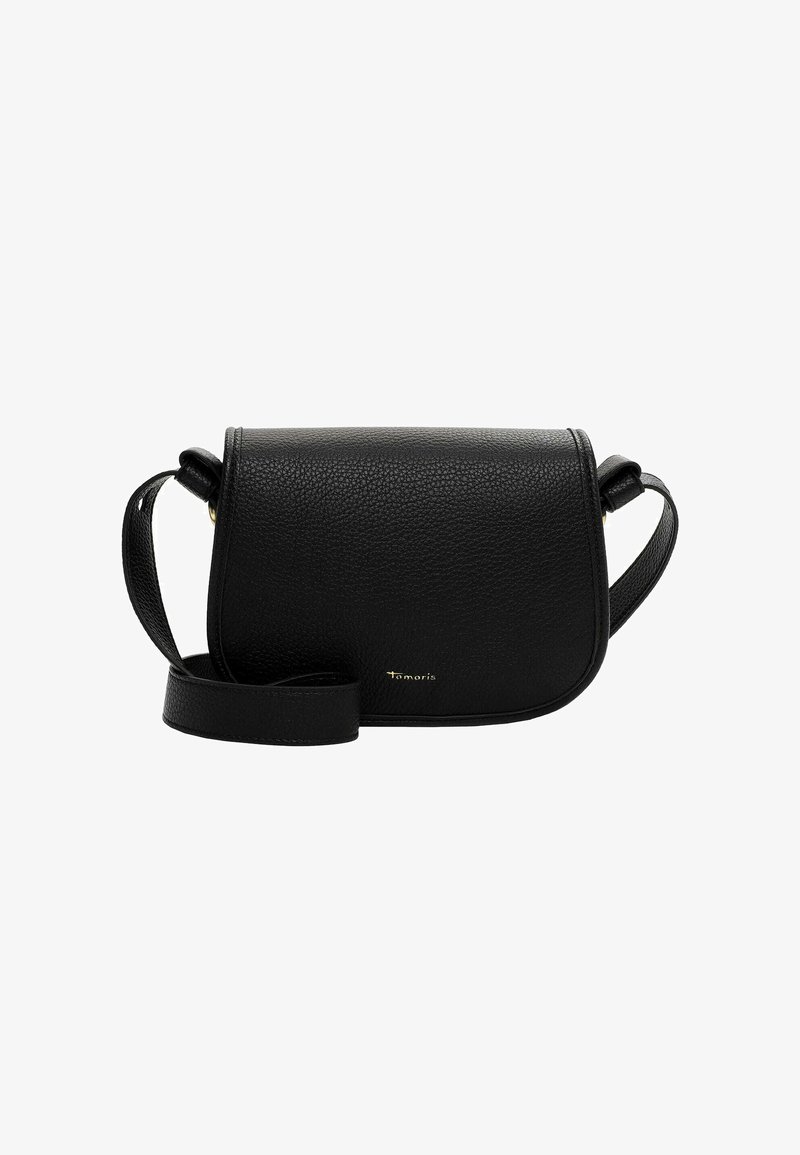 Borsa a tracolla in pelle nera con forma strutturata, superficie testurizzata, chiusura a patta e tracolla regolabile. Presenta un dettaglio del logo in oro.