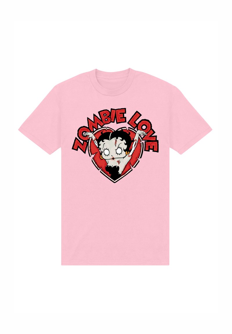 T-shirt in cotone rosa con un personaggio di cartone di uno zombie con capelli neri, occhi bianchi e un contorno a forma di cuore, il testo legge "ZOMBIE LOVE."