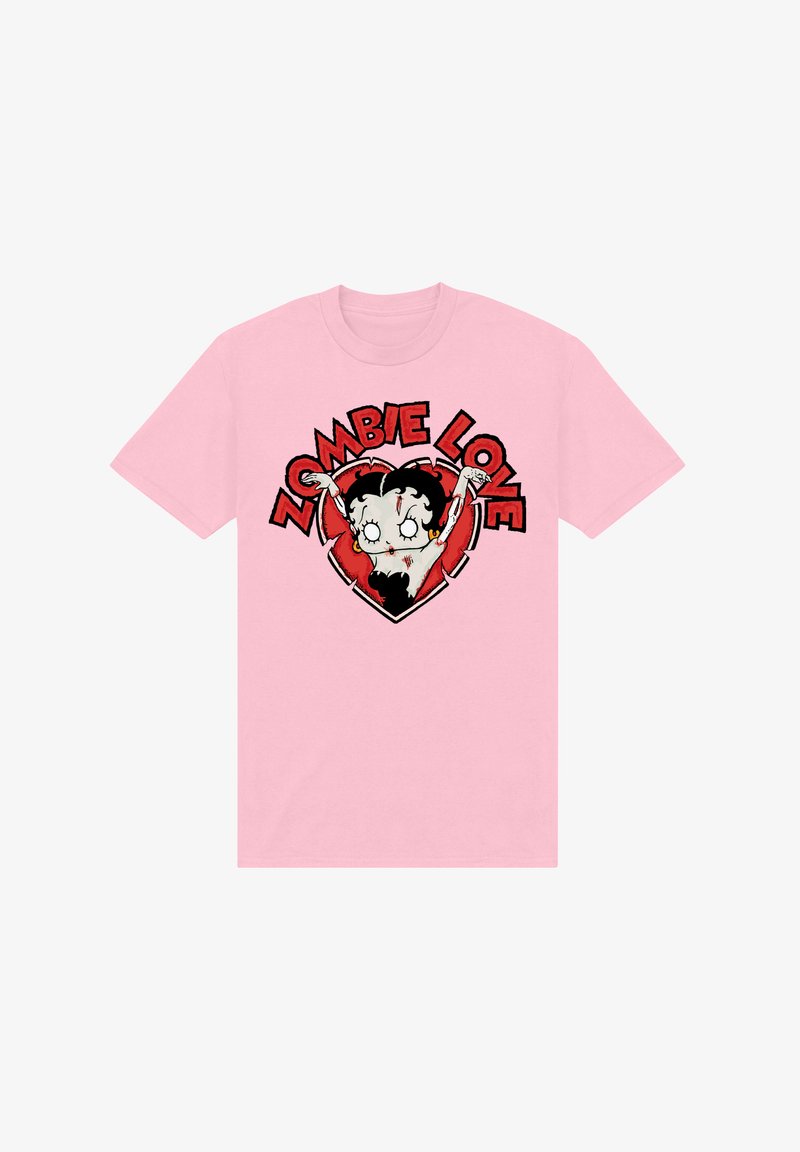 T-shirt in cotone rosa con un personaggio di cartone di uno zombie con capelli neri, occhi bianchi e un contorno a forma di cuore, il testo legge "ZOMBIE LOVE."