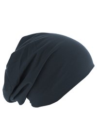 Căciulă moale, extensibilă, de culoare albastru închis, cu un design lejer, având o textură netedă și fără modele vizibile sau accente din metal.