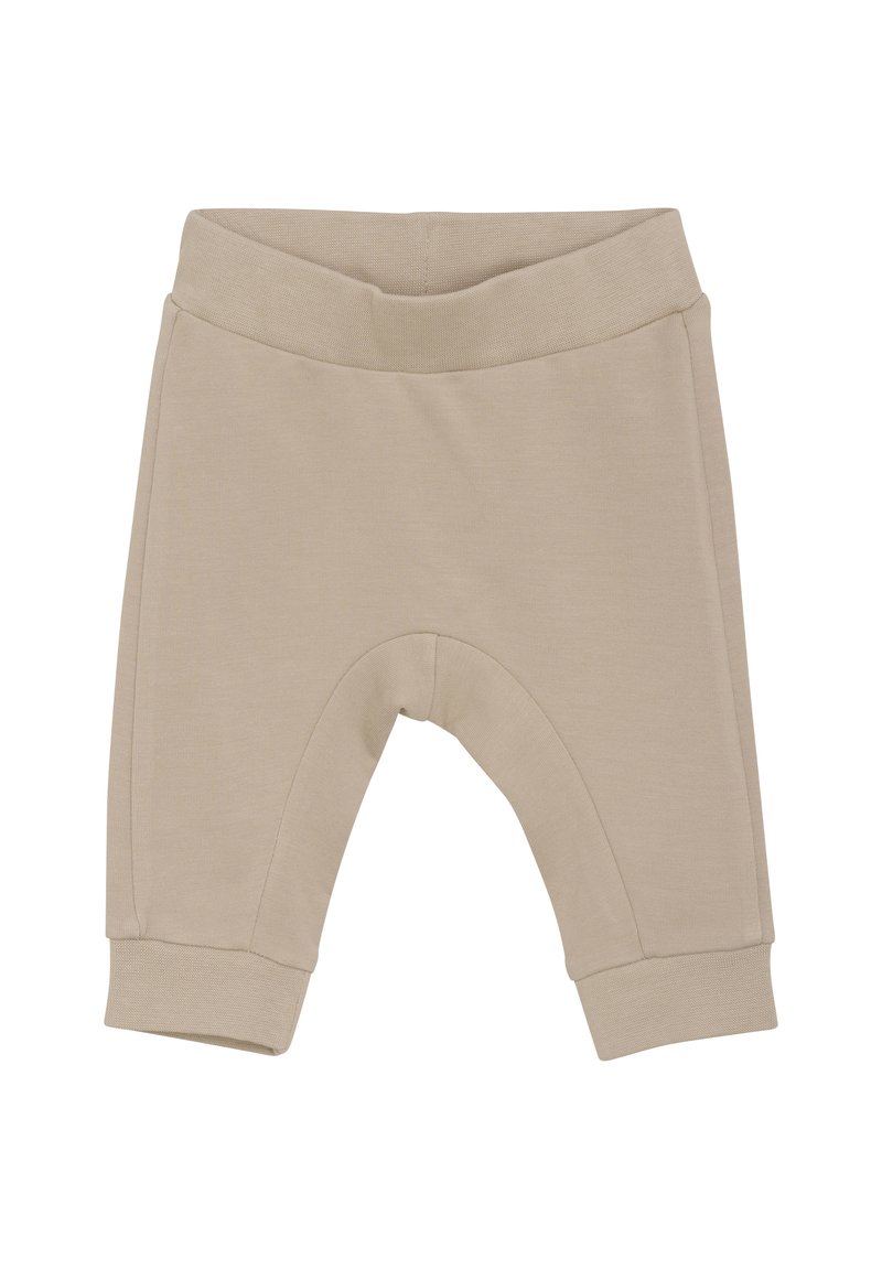 Pantalons pour bébé beiges en tissu doux et extensible. Dotés d'une taille élastique et de poignets côtelés, conçus avec un entrejambe arrondi pour plus de confort.