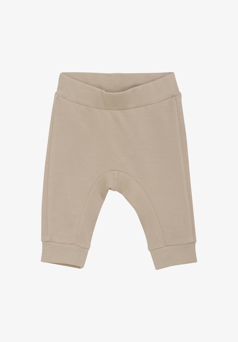 Beige babybroekjes van zacht, rekbaar materiaal. Voorzien van een elastische tailleband en ribgebreide manchetten, ontworpen met een ronde kruis voor extra comfort.
