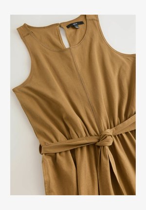 Brown sleeveless dress made of soft fabric, featuring a tie waist, round neckline with a keyhole, and visible seam detailing.
