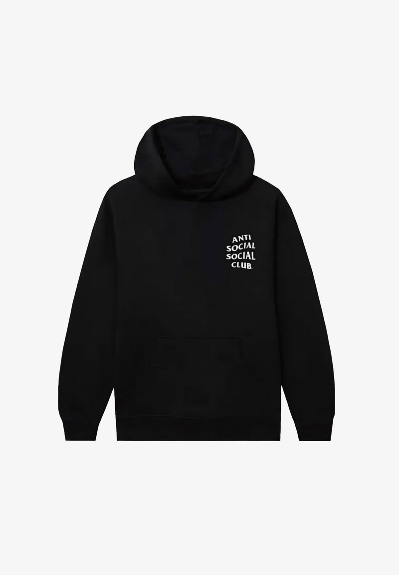 Czarna bluza z kapturem z dużą kieszenią kangurzą. Z przodu po lewej stronie znajduje się biały napis "ANTI SOCIAL SOCIAL CLUB." Prosty i stylowy design.
