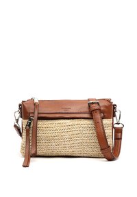 Pruunist nahast õlgkott, mille alumine pool on põimitud straw-st, varustatud lukuga ja reguleeritava rihmaga. Tähelepanuväärne kalasaba muster.