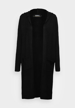 Sort langt åben cardigan med hætte og to forlommer, vist mod en ensfarvet lys baggrund.