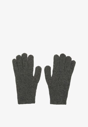 Grå strikkede handsker lavet af et blødt, tekstureret stof. Har fem fingeråbninger og ribbet design for en tætsiddende pasform.