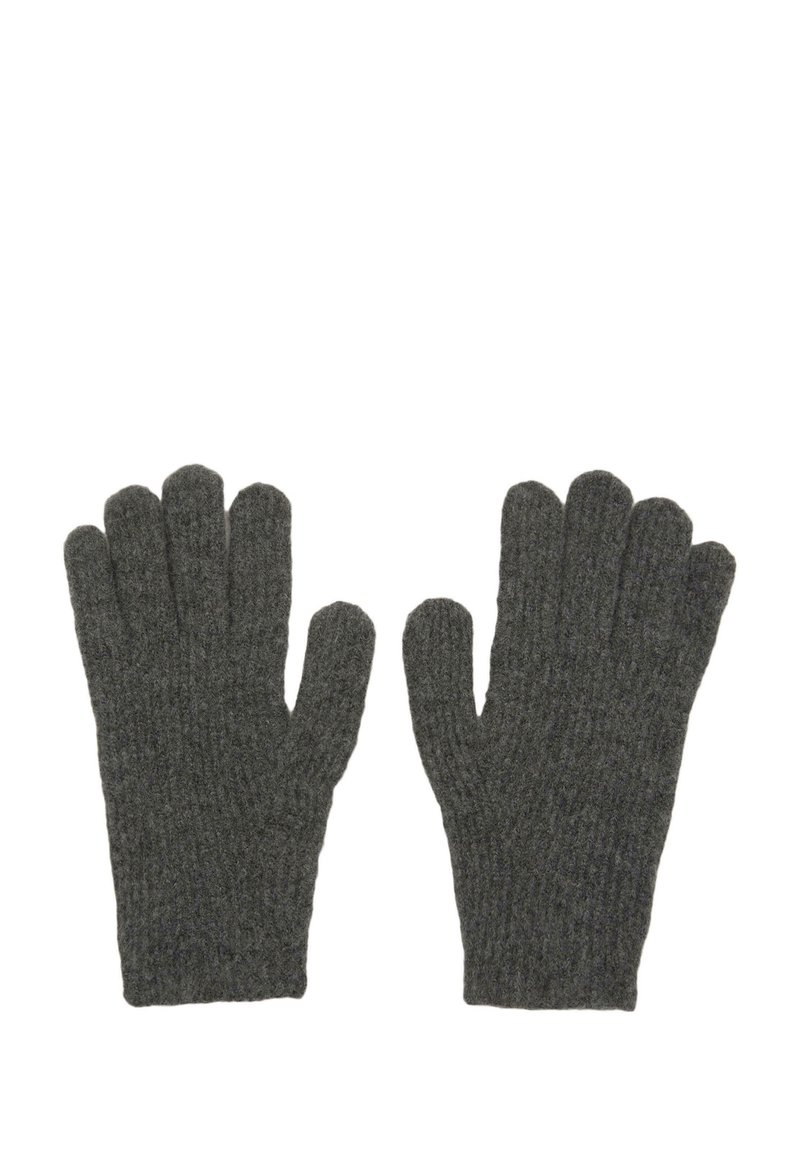 Grijze gebreide handschoenen gemaakt van een zachte, gestructureerde stof. Ze hebben vijf vingertoppen en een geribbelde ontwerp voor een strakke pasvorm.