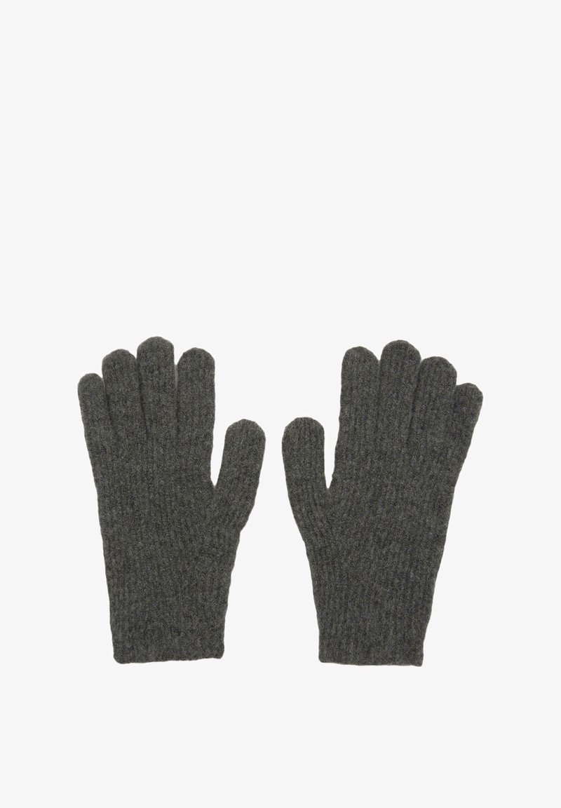 Grijze gebreide handschoenen gemaakt van een zachte, gestructureerde stof. Ze hebben vijf vingertoppen en een geribbelde ontwerp voor een strakke pasvorm.