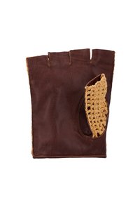 Braune Lederfingerhandschuhe mit einem gehäkelten Akzent in einer helleren Farbe, offener Handfläche und drei Finger-Ausschnitten. Mit texturiertem Finish.