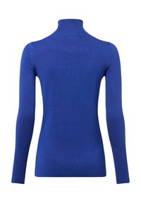 Niebieski sweter w golf wykonany z miękkiej dzianiny, z długimi rękawami i dopasowanym krojem. Gładka tekstura z prążkowanymi akcentami.