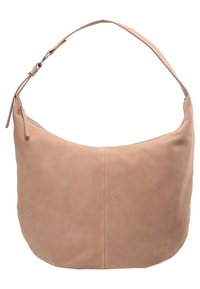 Růžová semišová kabelka přes rameno s jedním širokým popruhem, zaobleným tvarem a hladkým povrchem. Disponuje horním zipem a minimalistickým designem.