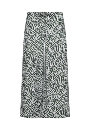 Wijde broek met groen-wit abstract zebraprint en een elastische tailleband met trekkoord.