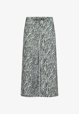 Wijde broek met groen-wit abstract zebraprint en een elastische tailleband met trekkoord.