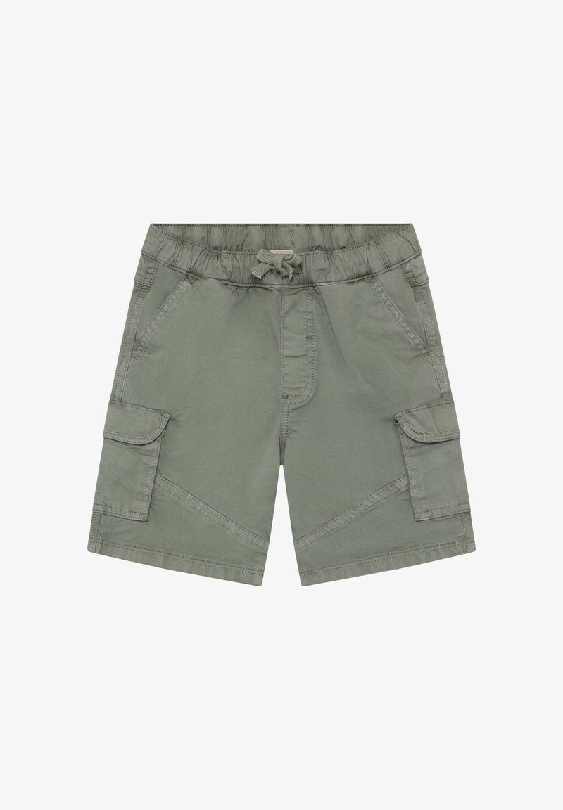 Shorts cargo verts avec une taille élastique et un cordon de serrage. Ils disposent de deux poches latérales et de deux poches cargo avec rabats.