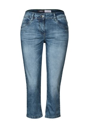 Light blue denim jeans with a straight leg design, featuring five pockets, belt loops, and a button closure. Distressed texture with fading.