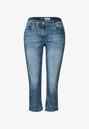 Jasnoniebieskie dżinsy z prostymi nogawkami, posiadające pięć kieszeni, szlufki na pasek i zapięcie na guzik. Znoszona tekstura z efektem blaknięcia.