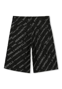 Shorts en denim noir présentant un motif répété de logo "Karl Lagerfeld" blanc, quatre poches et une coupe classique avec une finition texturée.