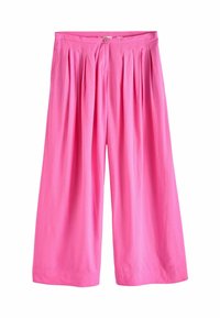 Růžové plisované kalhoty culottes s vysokým pasem, se zapínáním na knoflík a volným, širokým střihem. Hladká, lehká látka.