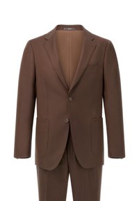 Brūns uzvalka žakets, izgatavots no teksturēta auduma, ar izgrieztiem atlapu galiem, divu pogu aizdari un divām priekšējām kabatām. Iekša ir gaiši brūna.