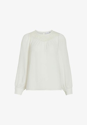 Bijela bluzica s dugim, puhovitim rukavima, okruglim izrezom i delikatnom izvezenom dekoracijom na ovratniku i manžetama. Glatka tekstura i opušteni kroj.