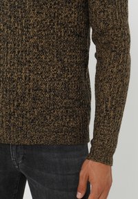 Gebreide trui in donkerbruin en beige met een gemêleerd patroon, geribbelde manchetten en een getailleerd ontwerp, gecombineerd met donkere jeans.