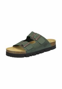 Green sandal with two adjustable straps, cork footbed, and textured black sole. Features metal buckles and spiral logo detail on side.