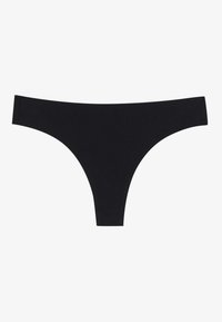 Schwarze Strings aus weichem Stoff. Verfügt über ein minimalistisches Design mit einem tief sitzenden Bund und nahtlosen Kanten für zusätzlichen Komfort.