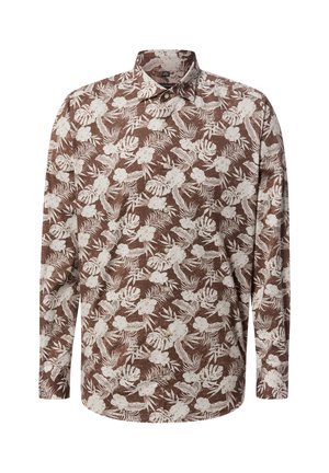 Brązowa koszula na guziki z długim rękawem z białym tropikalnym kwiatowym i liściastym wzorem, z kołnierzykiem w szpic i dopasowanymi mankietami.