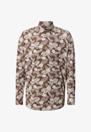 Brązowa koszula na guziki z długim rękawem z białym tropikalnym kwiatowym i liściastym wzorem, z kołnierzykiem w szpic i dopasowanymi mankietami.