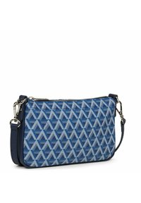 Sac bandoulière bleu à motifs avec un design géométrique, comportant une fermeture éclair, une sangle ajustable et une texture lisse.