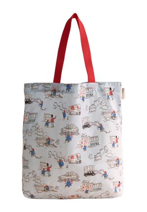 Borsa tote bianca con manici rossi con schizzi di persone, cani, veicoli ed edifici in colori rosso, blu e nero.