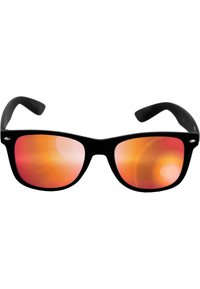 Ochelari de soare negri cu rame dreptunghiulare și lentile reflectorizante portocalii, având un finisaj mat și brațe curbe. Fără logo vizibil.