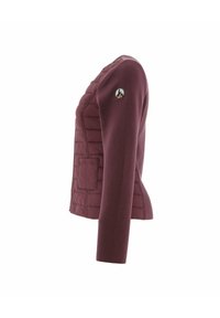 Chaqueta acolchada burdeos con cremallera lateral, mangas largas texturizadas y un parche con el logo en el brazo izquierdo. Cuenta con un bolsillo en la parte frontal.