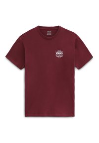 Burgundské bavlněné tričko s kulatým výstřihem, krátkými rukávy a bílým logem "VANS" s dalšími texty na levé části hrudi.